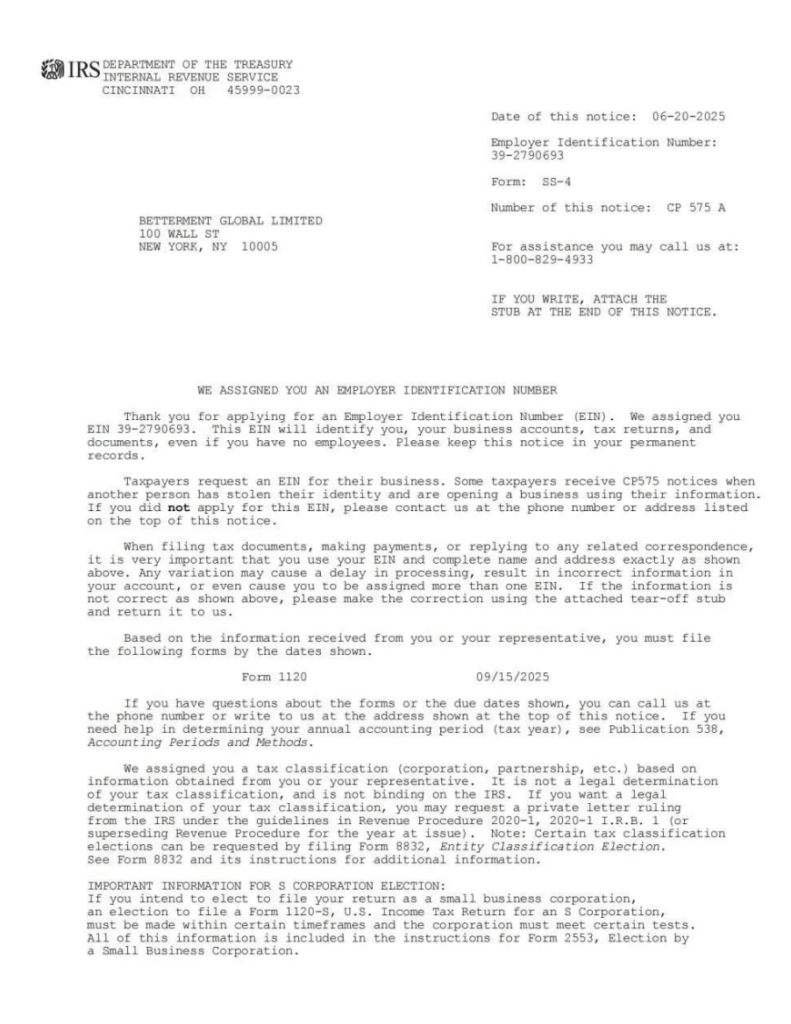 ②IRS（アメリカ内国歳入庁）のEIN通知書風