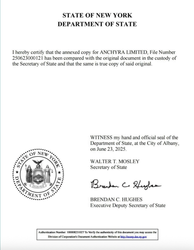 New York Department of Stateの証明書