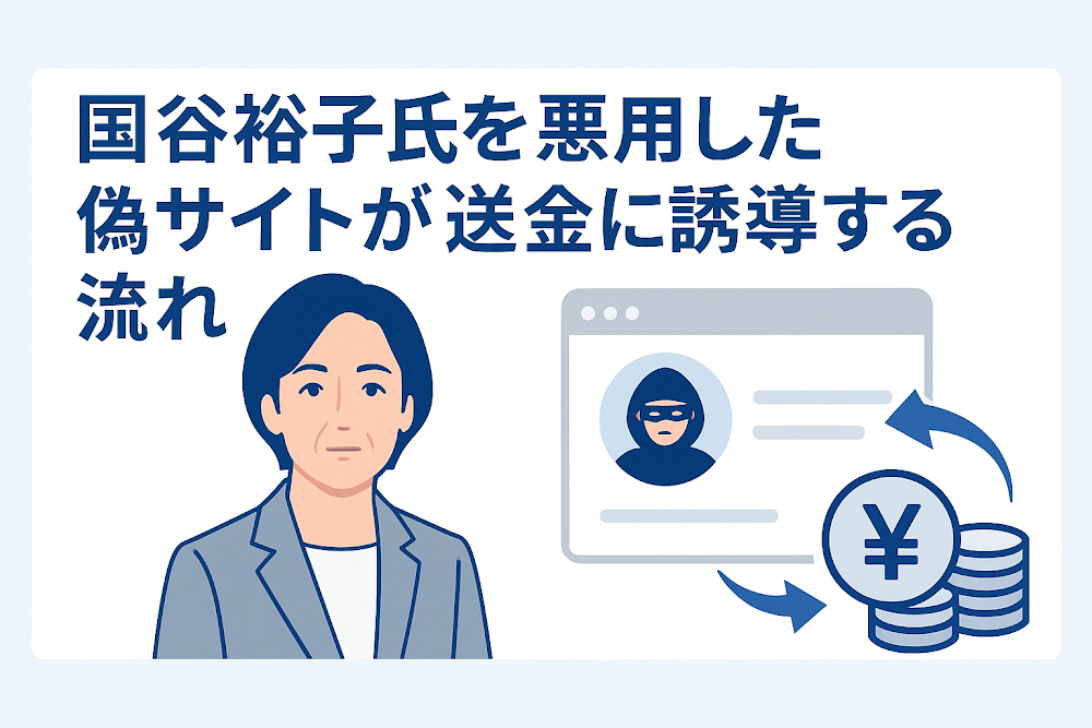 国谷裕子氏を悪用した偽サイトが送金に誘導する流れ