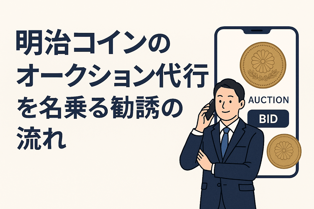 明治コインのオークション代行を名乗る勧誘の流れ